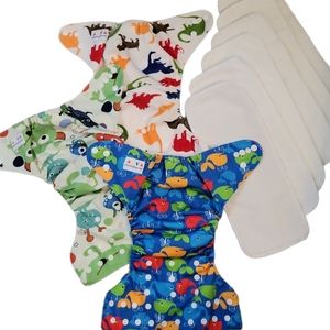 3 ALVABABY reusable cloth diapers dinosaur monster whale 6 inserts gently used